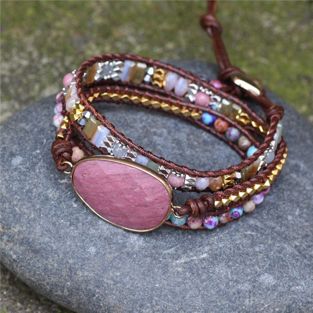 Unique Natural Stone Beads 3 Layers Wrap Bracelets For Women Girls Handmade Boho Leather Weave Bracelet  Jewelry Dropshipping