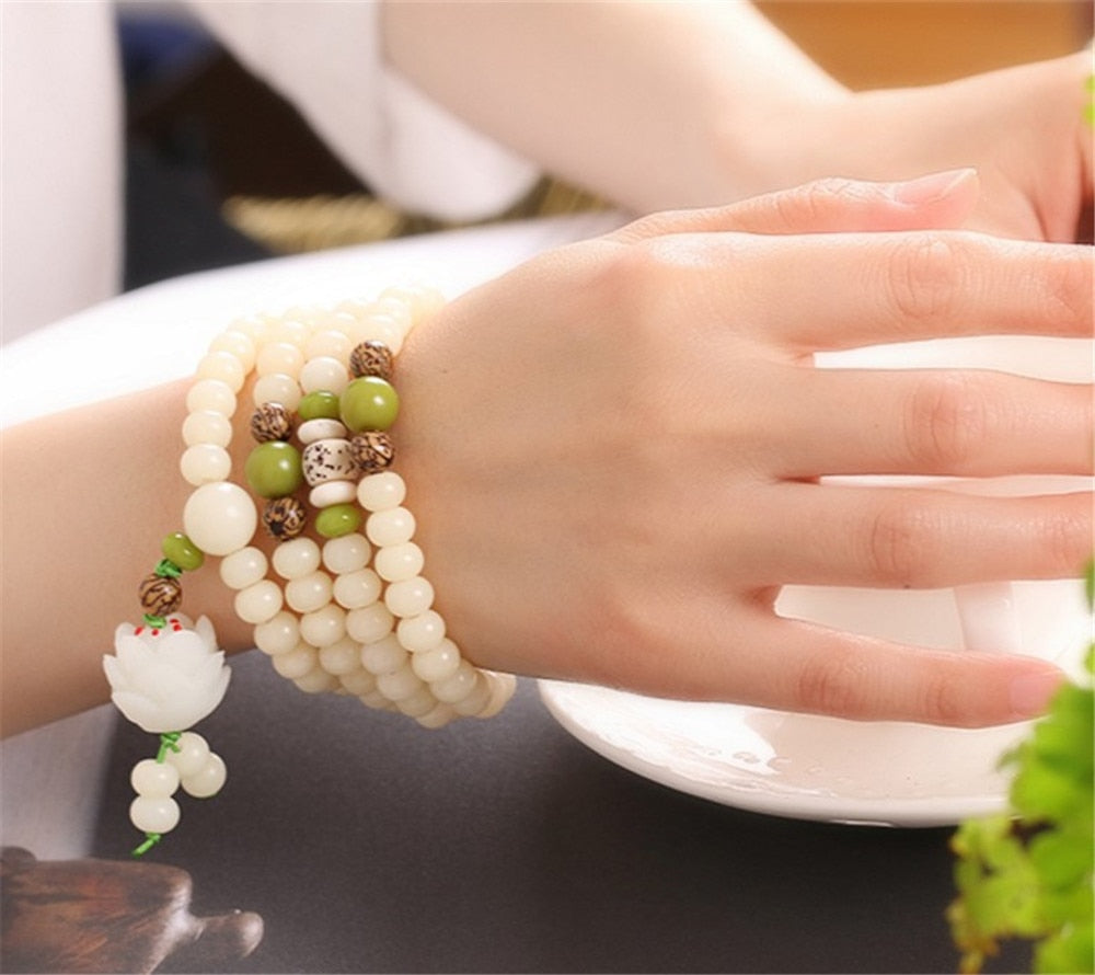 Original Design Natural White Bodhi Root Beads Bracelet Lotus 108 Lotus Mala Healing Prayer Bracelet for Women Jewelry Gift