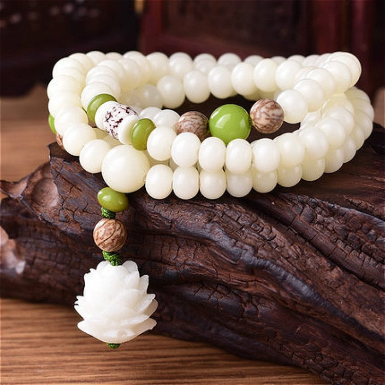 Original Design Natural White Bodhi Root Beads Bracelet Lotus 108 Lotus Mala Healing Prayer Bracelet for Women Jewelry Gift