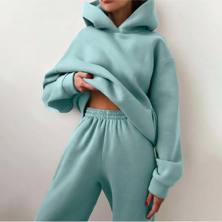 Women Tracksuit Casual Fitness Hooded Long Sleeve Sport Suit Autumn Winter Warm Hoodie Sweatshirts Long Pant Fleece 2 Piece Sets