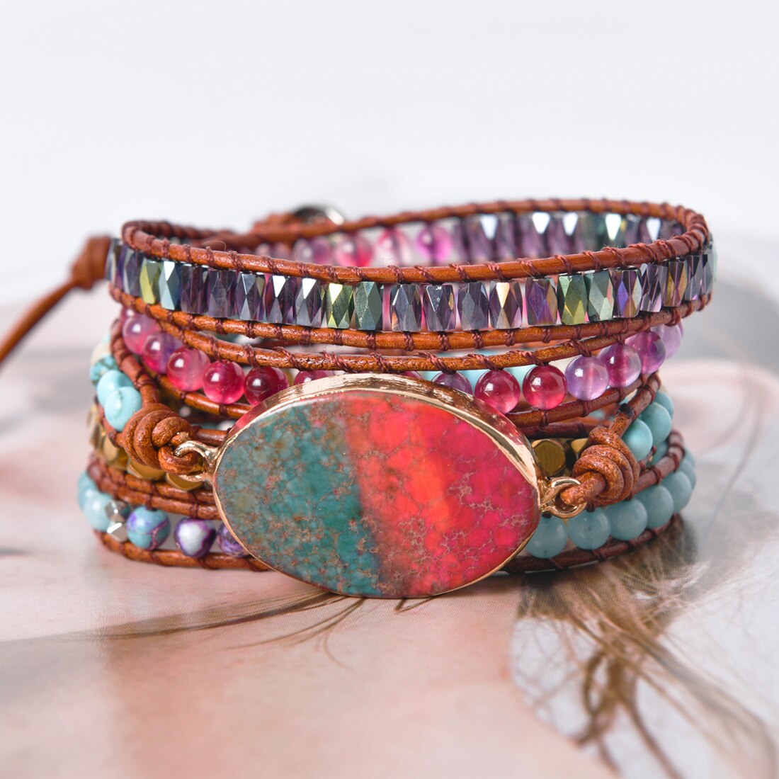 Leather Wrap Bracelet New Design Weave 5 Layers Leather Wrap Boho Stone Wrap Supplier Dropshipping