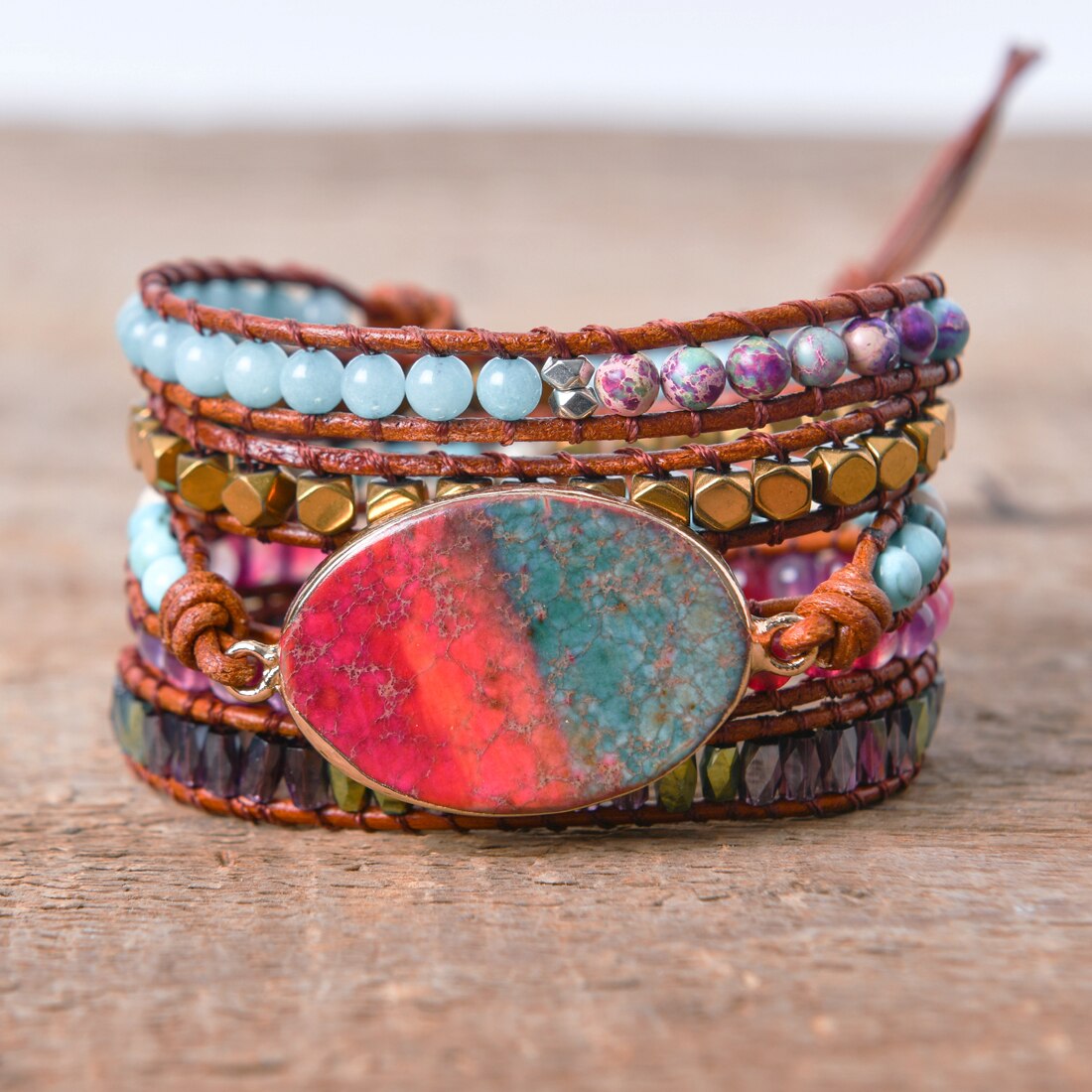 Leather Wrap Bracelet New Design Weave 5 Layers Leather Wrap Boho Stone Wrap Supplier Dropshipping