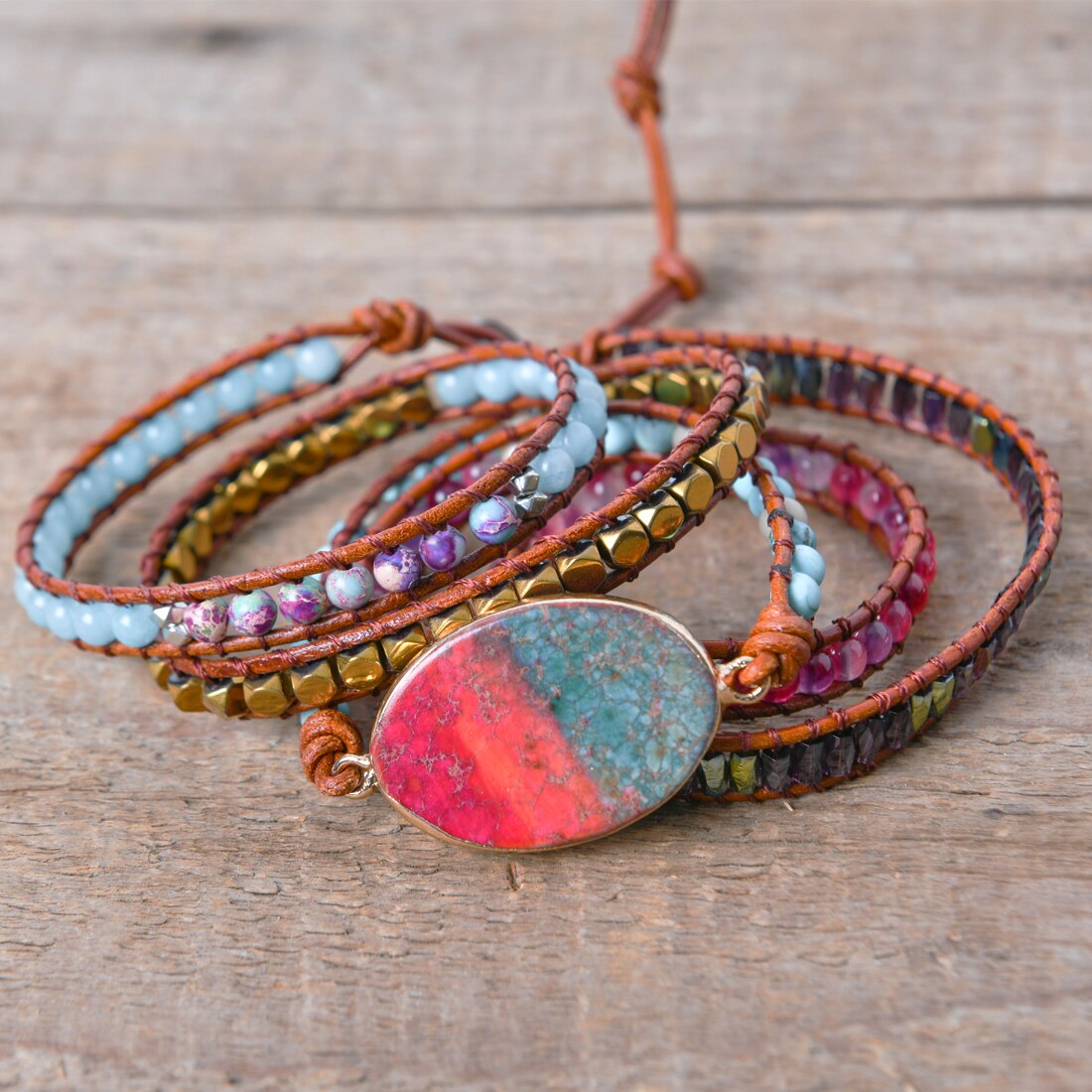 Leather Wrap Bracelet New Design Weave 5 Layers Leather Wrap Boho Stone Wrap Supplier Dropshipping