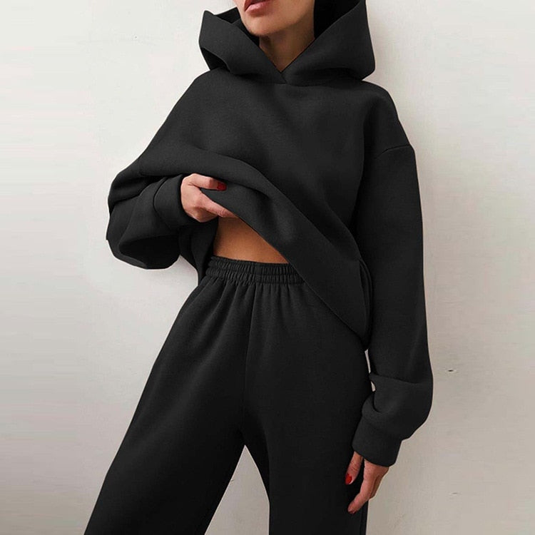 Women Tracksuit Casual Fitness Hooded Long Sleeve Sport Suit Autumn Winter Warm Hoodie Sweatshirts Long Pant Fleece 2 Piece Sets