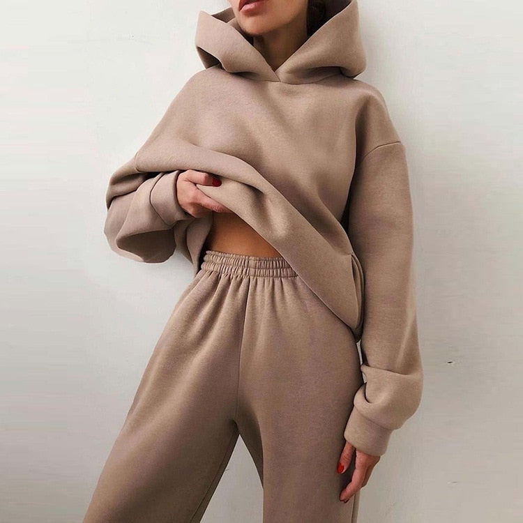 Women Tracksuit Casual Fitness Hooded Long Sleeve Sport Suit Autumn Winter Warm Hoodie Sweatshirts Long Pant Fleece 2 Piece Sets