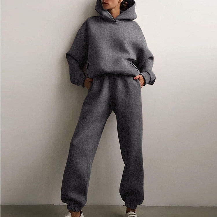 Women Tracksuit Casual Fitness Hooded Long Sleeve Sport Suit Autumn Winter Warm Hoodie Sweatshirts Long Pant Fleece 2 Piece Sets