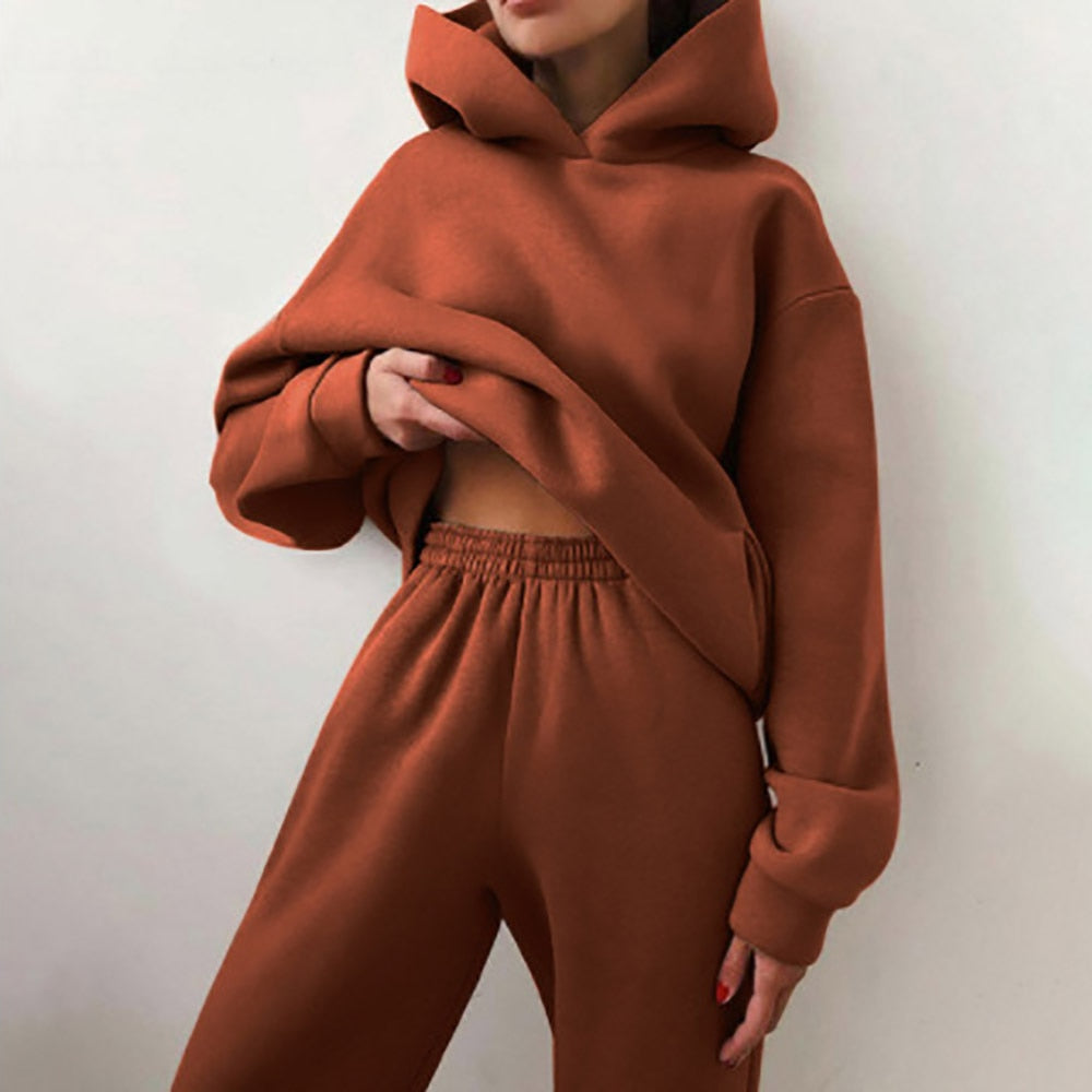 Women Tracksuit Casual Fitness Hooded Long Sleeve Sport Suit Autumn Winter Warm Hoodie Sweatshirts Long Pant Fleece 2 Piece Sets