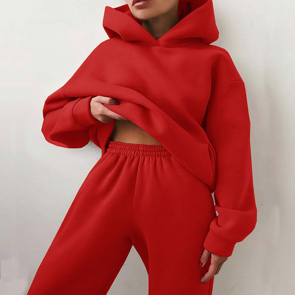 Women Tracksuit Casual Fitness Hooded Long Sleeve Sport Suit Autumn Winter Warm Hoodie Sweatshirts Long Pant Fleece 2 Piece Sets