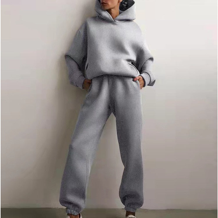 Women Tracksuit Casual Fitness Hooded Long Sleeve Sport Suit Autumn Winter Warm Hoodie Sweatshirts Long Pant Fleece 2 Piece Sets