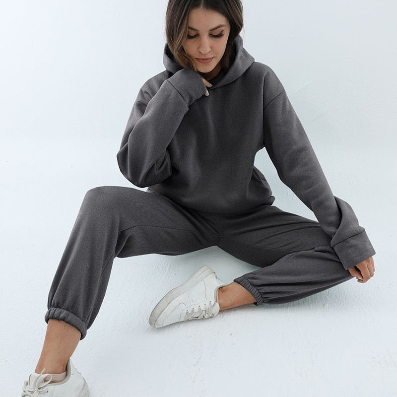 Women Tracksuit Casual Fitness Hooded Long Sleeve Sport Suit Autumn Winter Warm Hoodie Sweatshirts Long Pant Fleece 2 Piece Sets